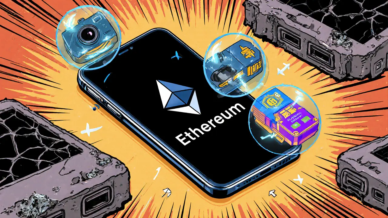 Modular smartphone with interchangeable blockchain parts like rollups and data layers, compared to an old broken phone.