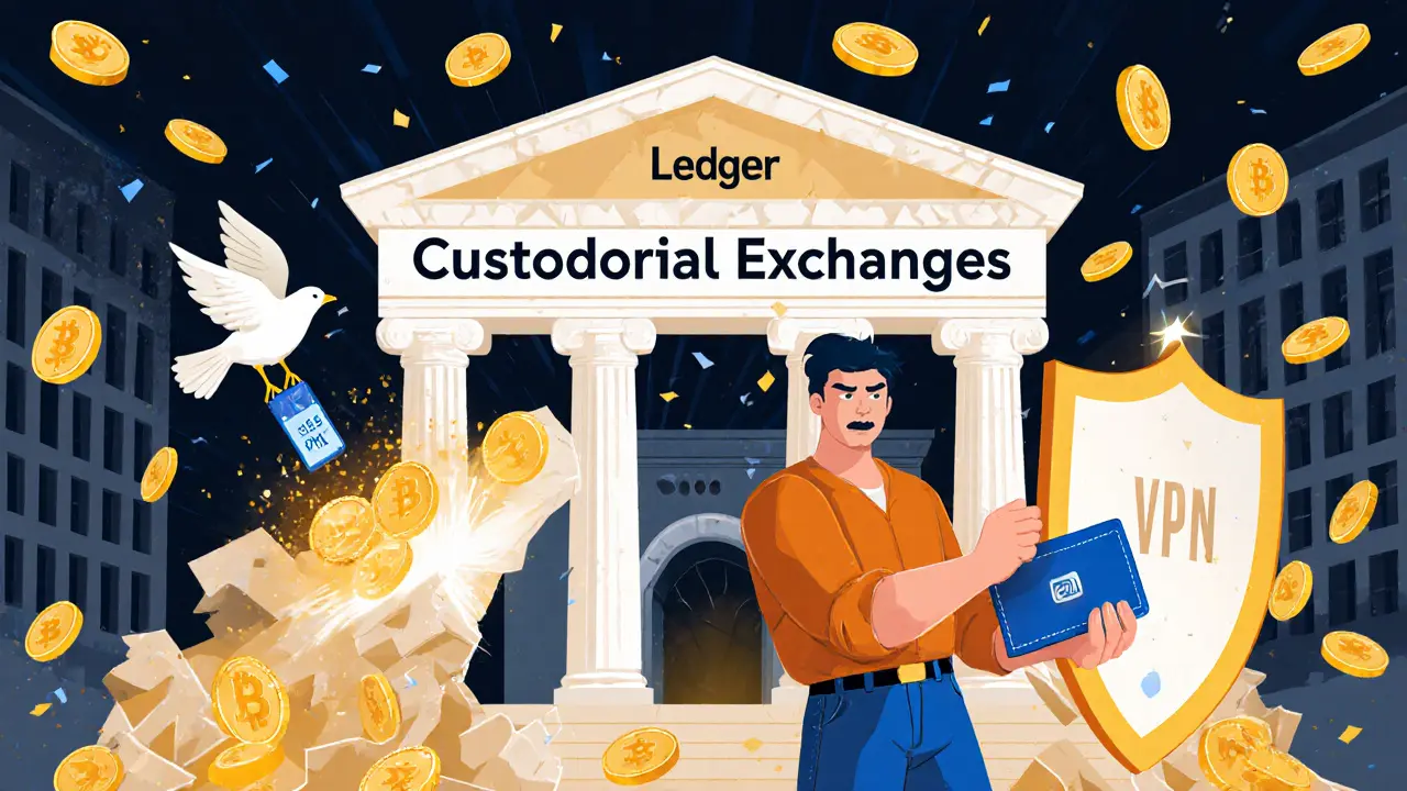 Person holding hardware wallet like a shield against a crumbling bank building, crypto coins raining down.