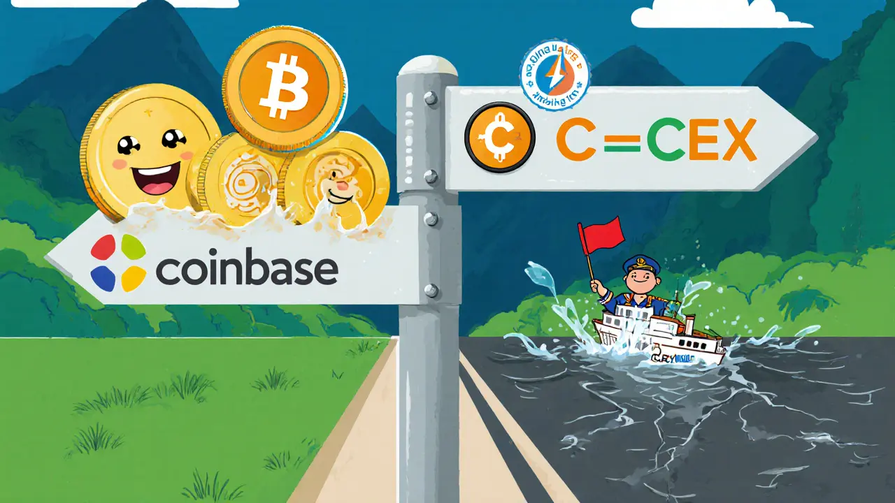 Road sign shows safe exchanges, while a sinking ship represents C‑CEX.