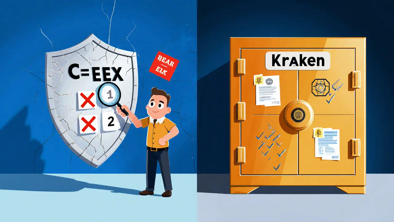 Security inspector compares cracked C‑CEX shield to secure Kraken vault.