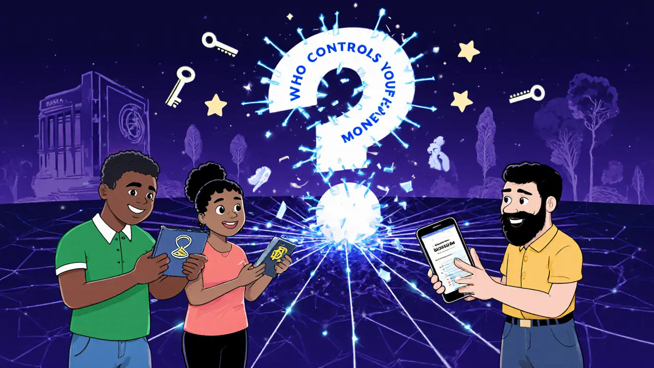 Three people connected by digital threads, shattering a question mark about money control with keys and stars.