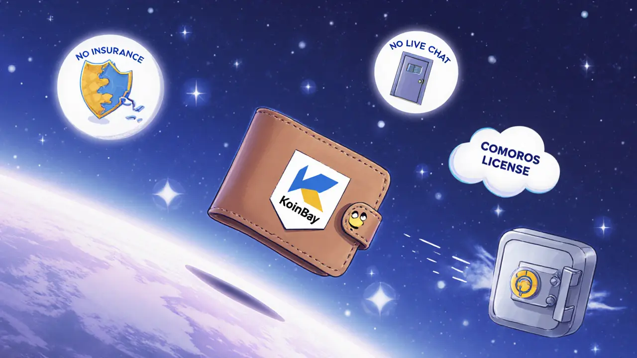 Tiny KoinBay wallet floating with warning icons: broken shield, locked door, disappearing cloud, hardware wallet escaping