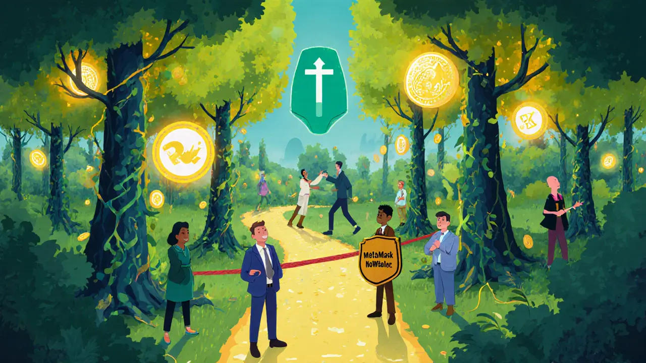 Traders swapping crypto in a blockchain forest with no borders or IDs.