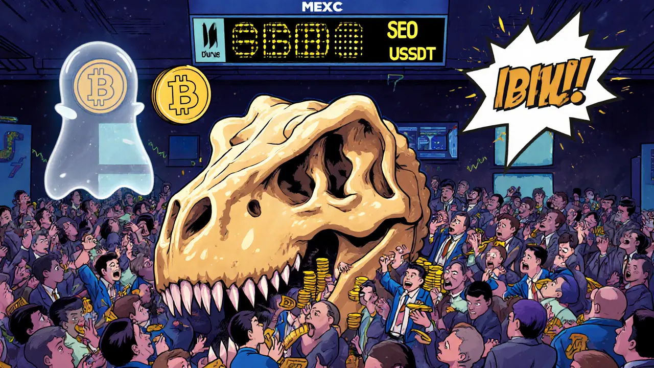 Traders voting with USDT at a dinosaur-shaped voting machine on a cartoon MEXC exchange floor.