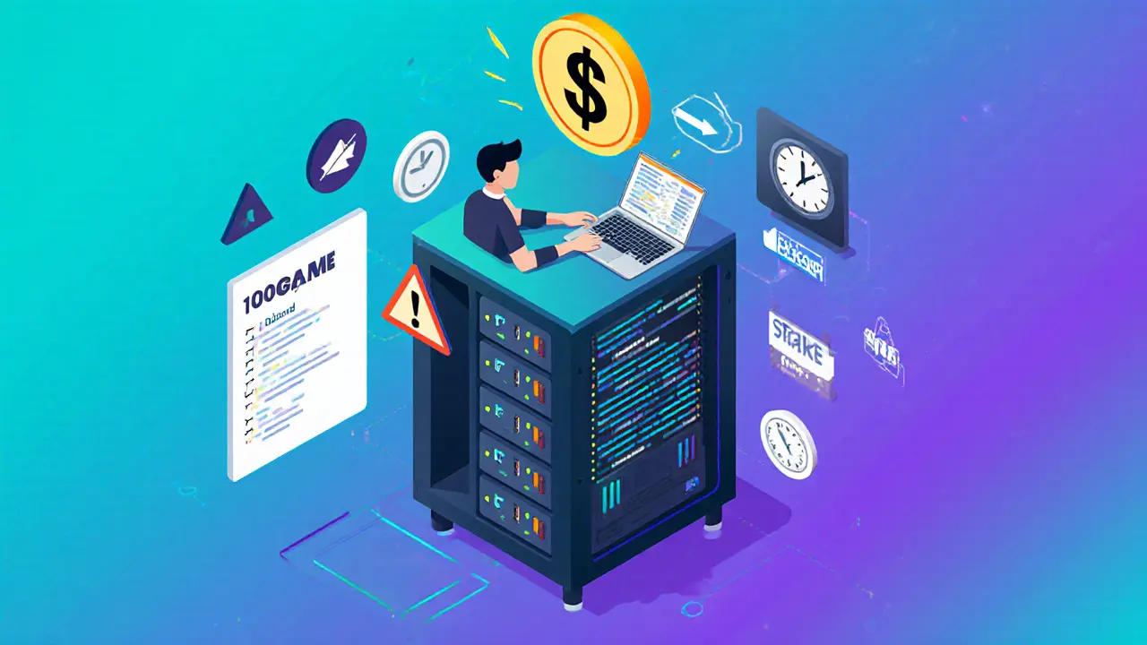 User managing a validator node with $GAME token logo and risk icons around a checklist.