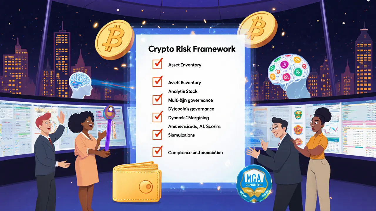 A cartoon control room team activates multi‑sig wallets, AI monitors, and compliance dashboards.