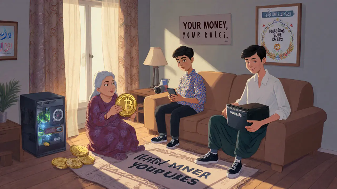 A family quietly using crypto at home, with a hidden mining rig and a DAI coin as a lucky charm.