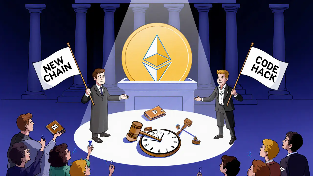 A giant Bitcoin coin on trial in a courtroom, with two sides arguing over a broken clock, users holding wallets watching in confusion.