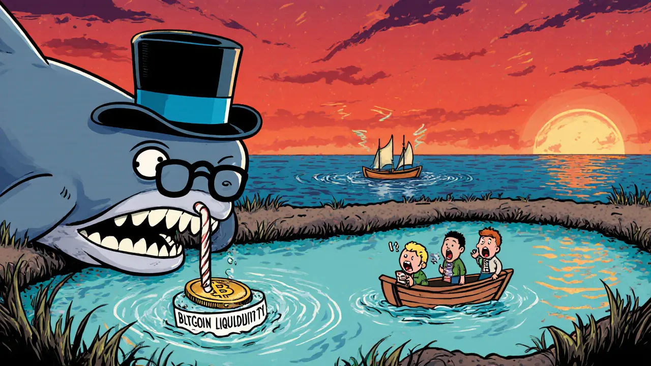 A giant whale draining a tiny pond labeled 'Low Liquidity Altcoin' while tiny traders float helplessly, with Bitcoin's ocean in the background.