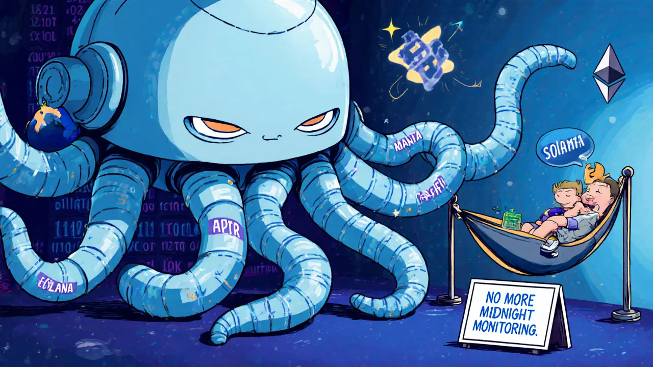 An AI robot automating crypto trades while a retail investor sleeps peacefully.