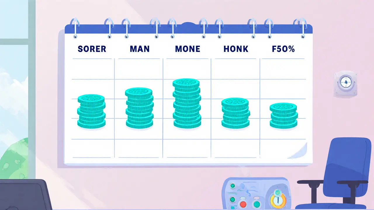 Cartoon calendar showing monthly coin releases of CELT tokens.