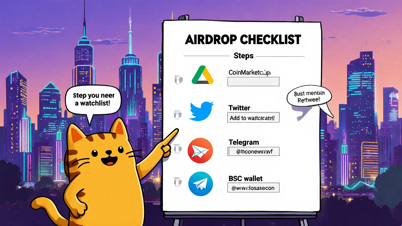 Cartoon cat with a checklist showing CoinMarketCap, Twitter, Telegram, and wallet steps.