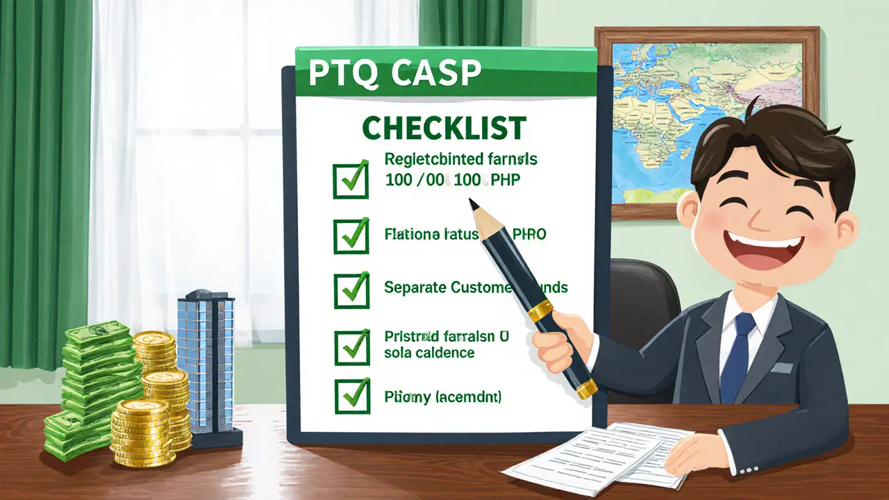Cartoon checklist of CASP requirements with icons for capital, office, fund separation, and reports.