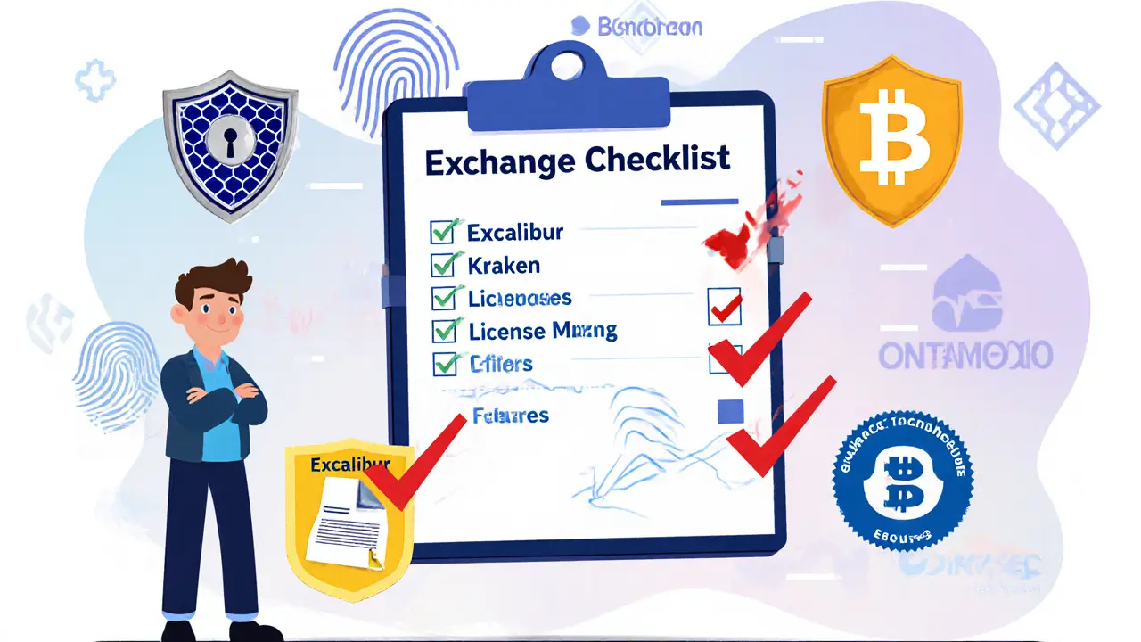 Cartoon checklist of security features with red flags highlighting missing items for Excalibur.