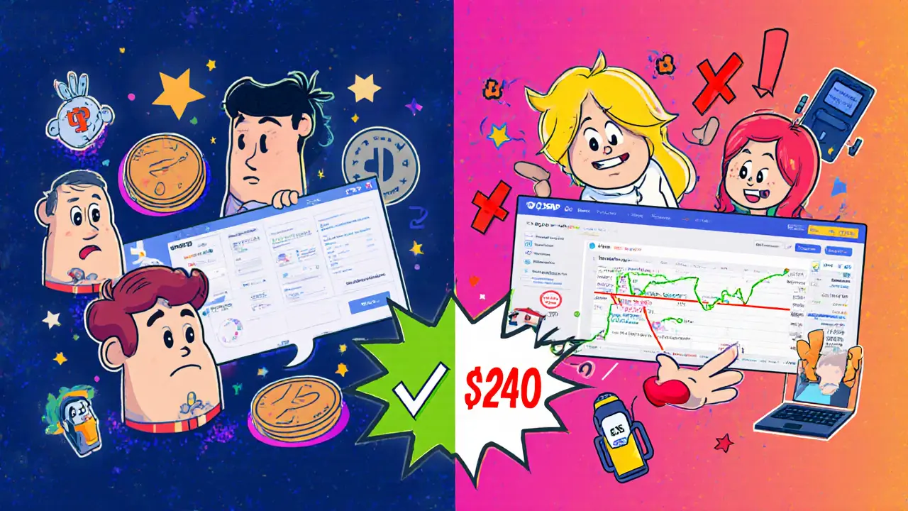 Cartoon comparison: beginner at PancakeSwap vs. expert at DODO saving 0 on a large trade.