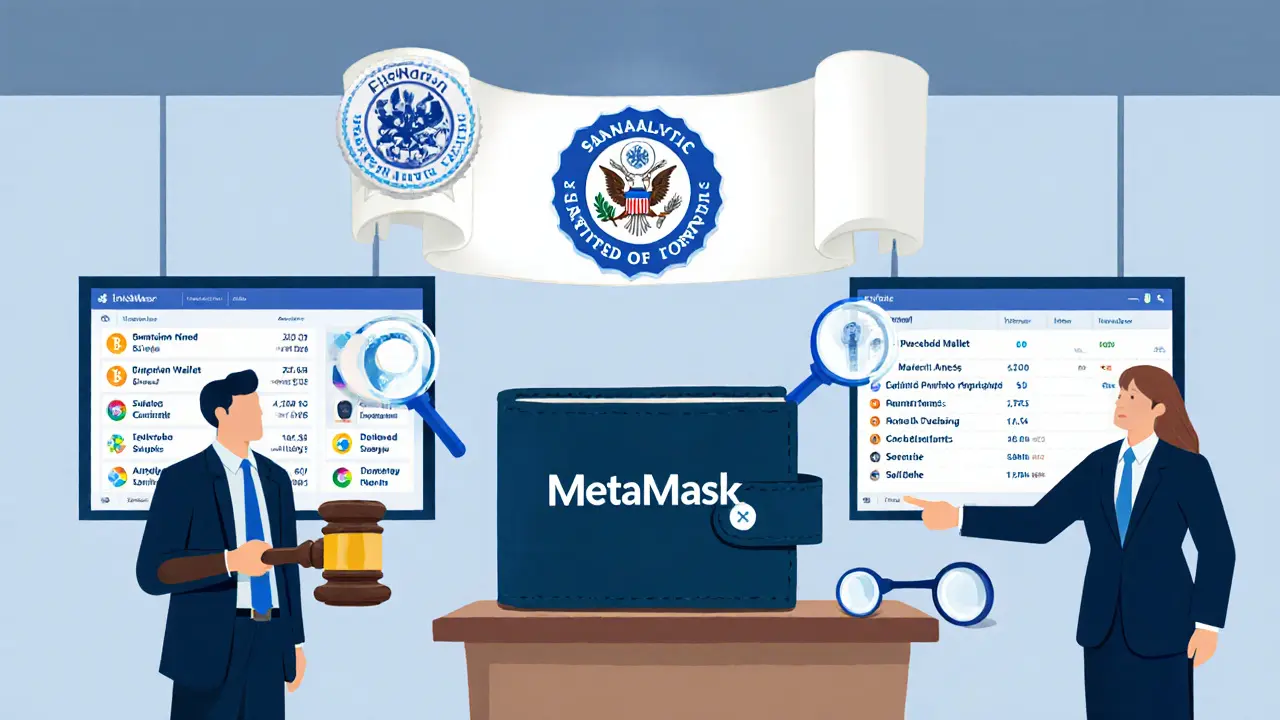 Cartoon courtroom with FinCEN and MiCA symbols, a MetaMask wallet on trial, and blockchain analytics tools surrounding it.