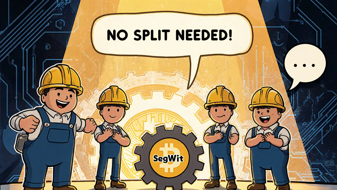 Cartoon miners upgrading a blockchain machine peacefully while others keep mining without change, no conflict, unified chain in background.