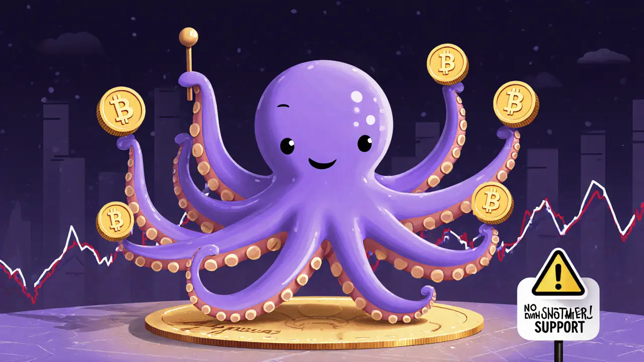 Cartoon octopus representing DODO&#039;s PMM algorithm adjusting crypto prices with playful tech details.