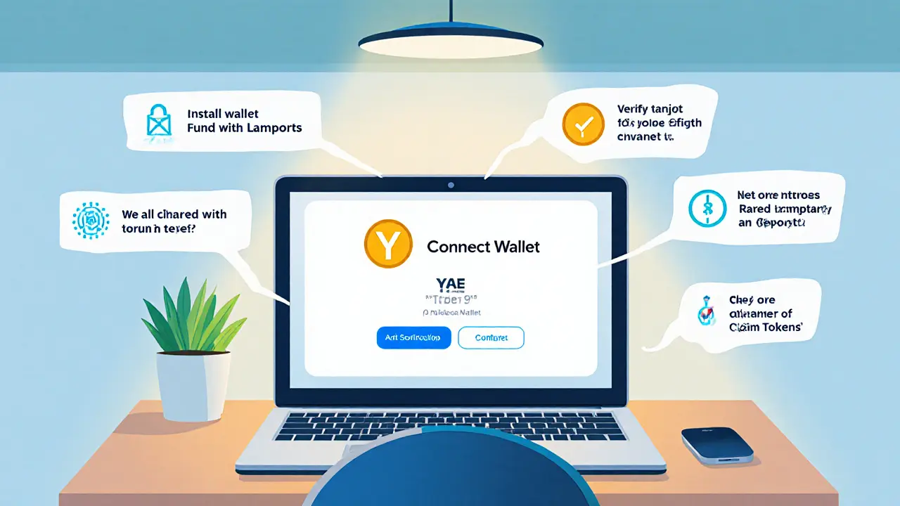 Cartoon of a person using a Phantom wallet on a laptop, showing claim steps.