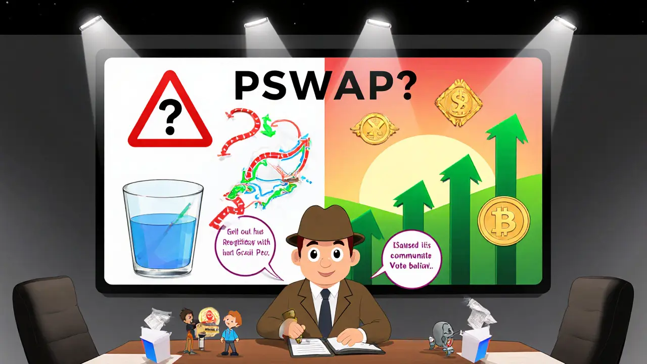 Cartoon of analyst weighing PSWAP risks and future possibilities.