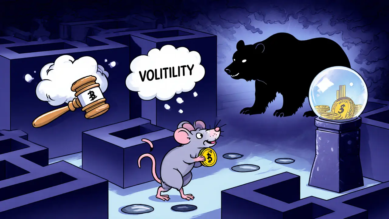 Cartoon rat navigating risky maze with regulators, bear market and price dip forecast.
