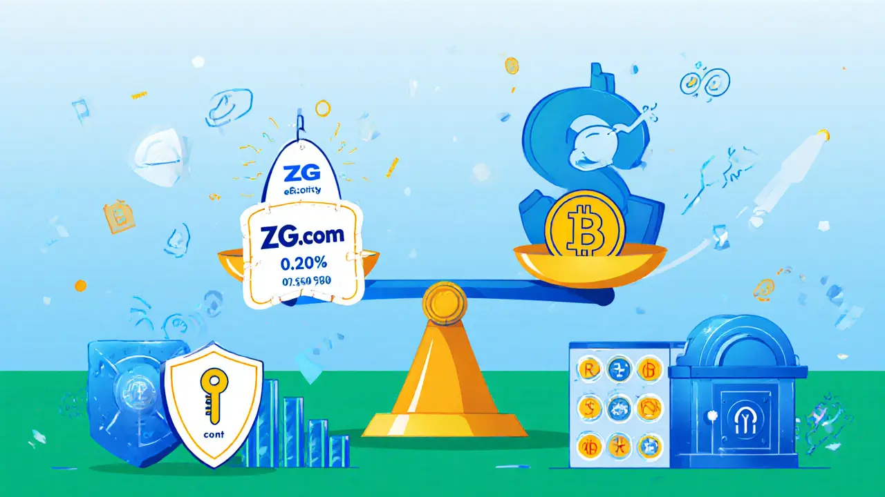 Cartoon scale compares ZG.com's low fees to larger exchanges, with security icons nearby.