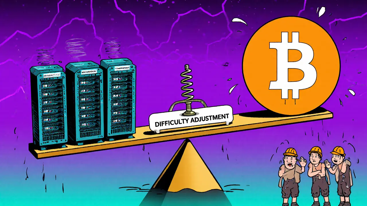 Cartoon seesaw with mining rigs and Bitcoin, showing difficulty adjustment in action.
