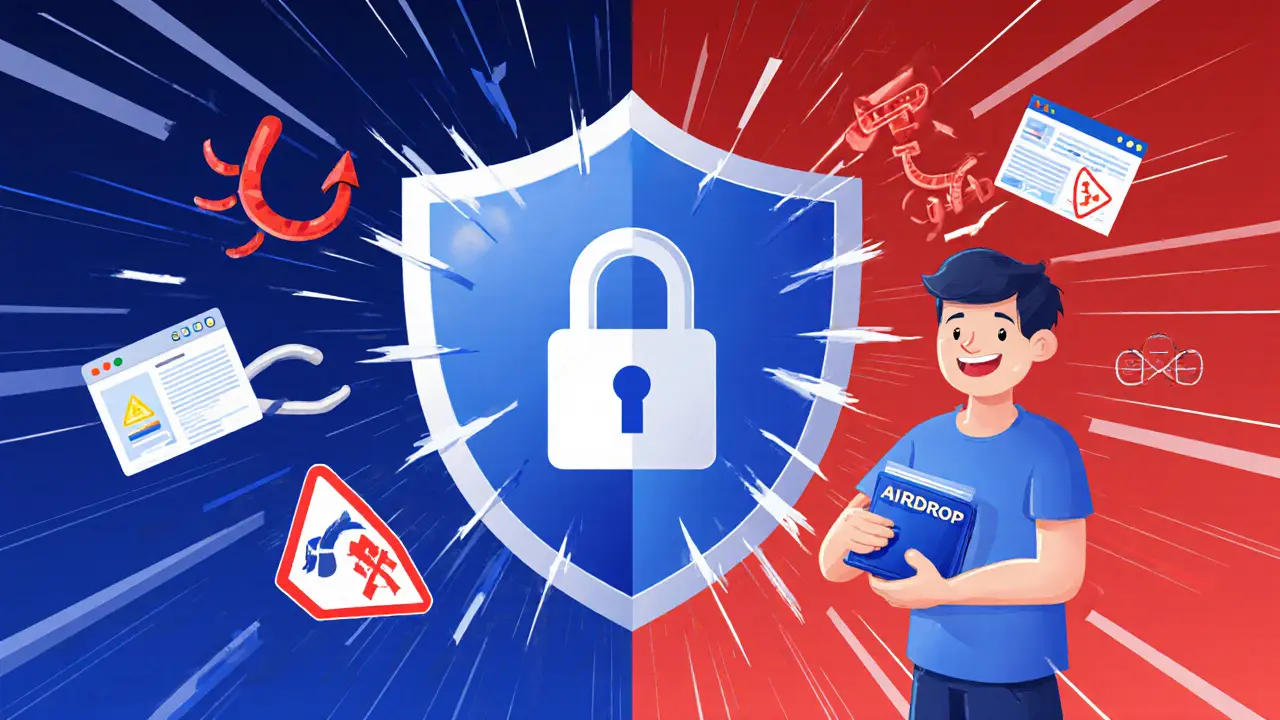 Cartoon shield protecting a wallet from phishing hooks and fake links.