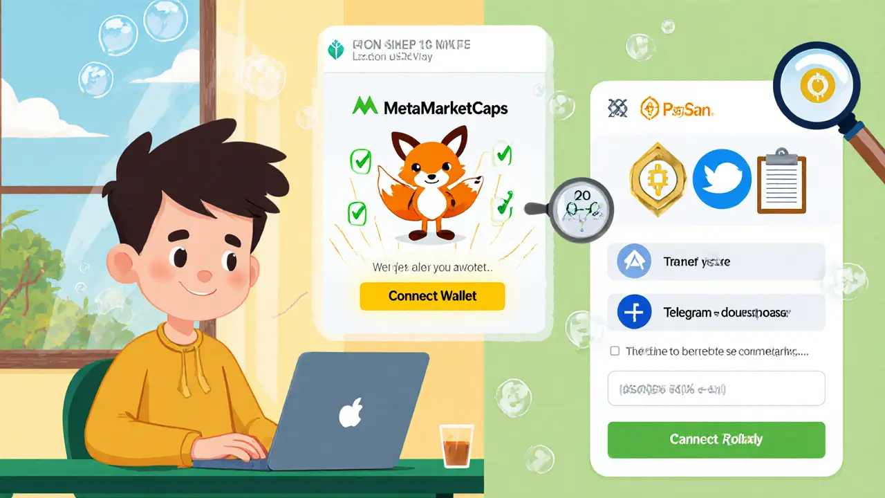 Cartoon showing a user connecting a wallet and completing airdrop steps.