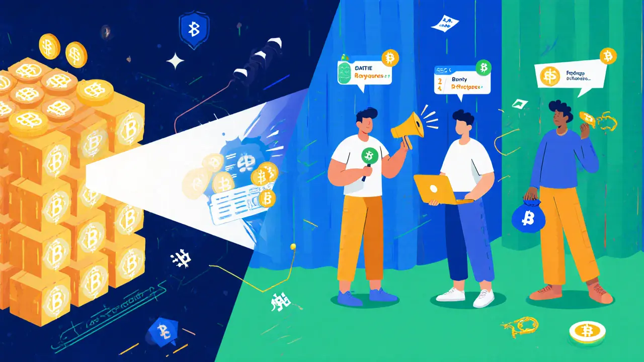 Cartoon split scene of blockchain snapshot camera and three characters representing raffle, bounty, and holder airdrops.