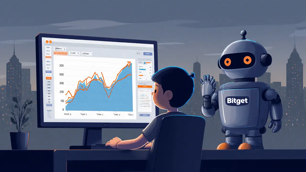 Cartoon trader checking a tiny CELT price chart on a Bitget-themed screen.