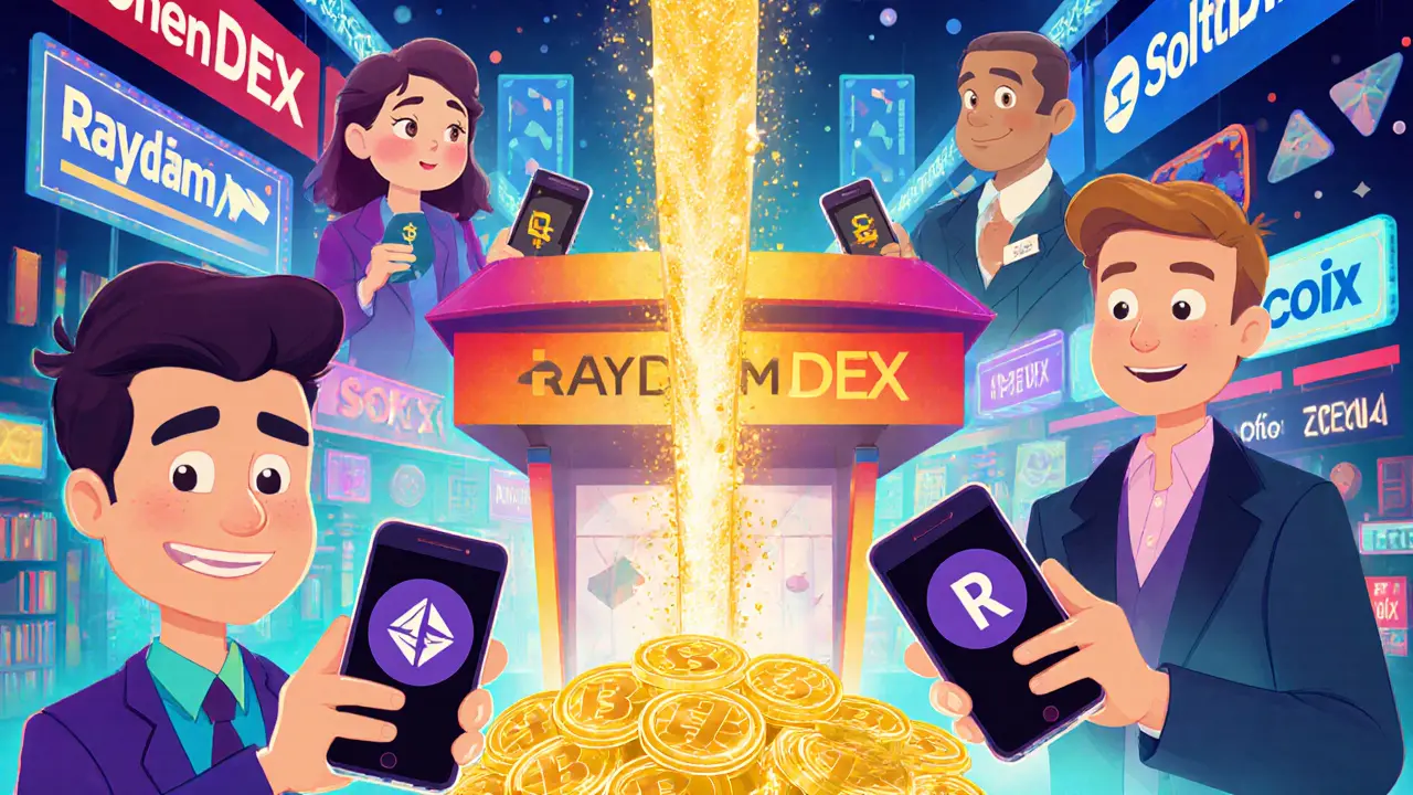 Cartoon traders swapping SOL for RAT on Raydium, thin liquidity stream visible.