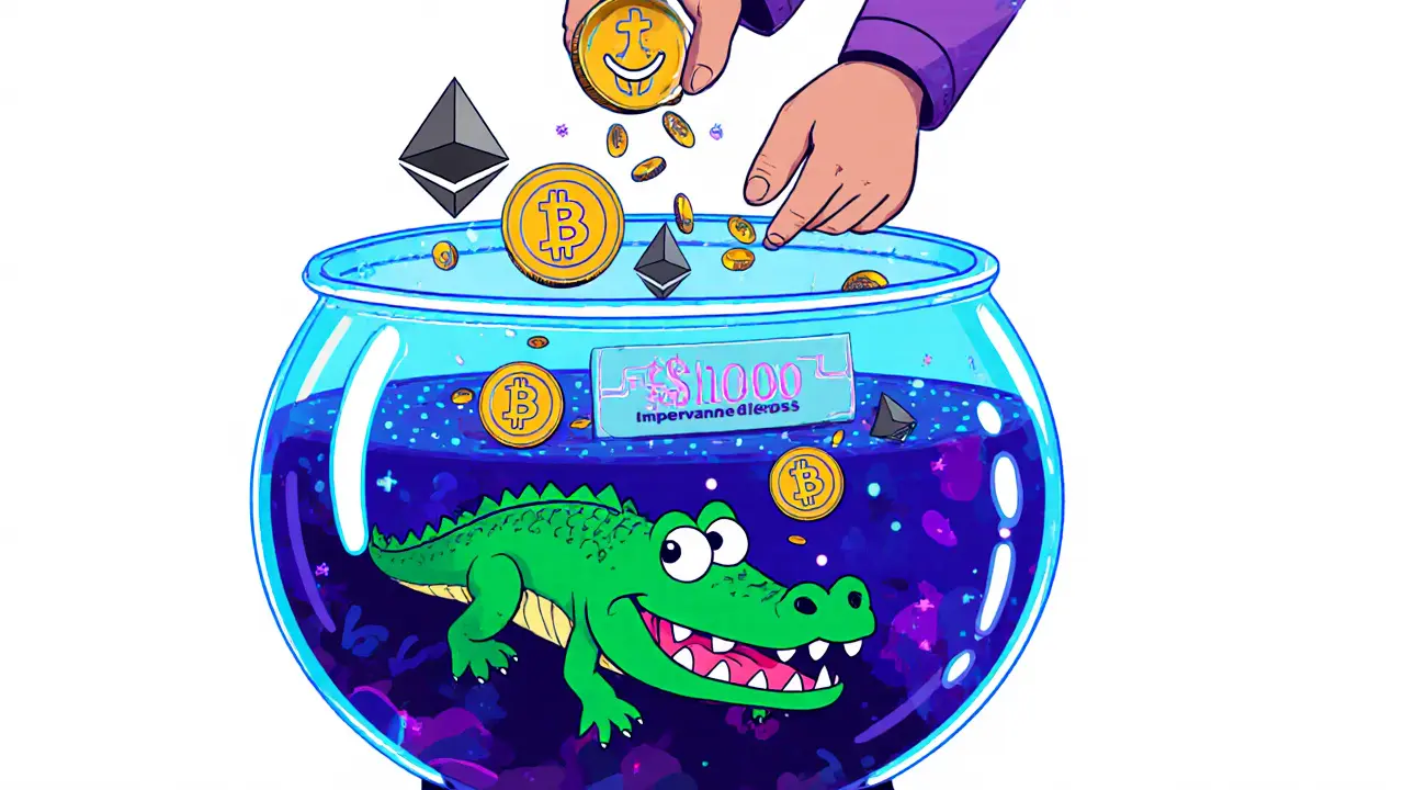 Colorful fishbowl liquidity pool with ETH and USDC coins, a user depositing tokens, and a lurking crocodile representing impermanent loss.