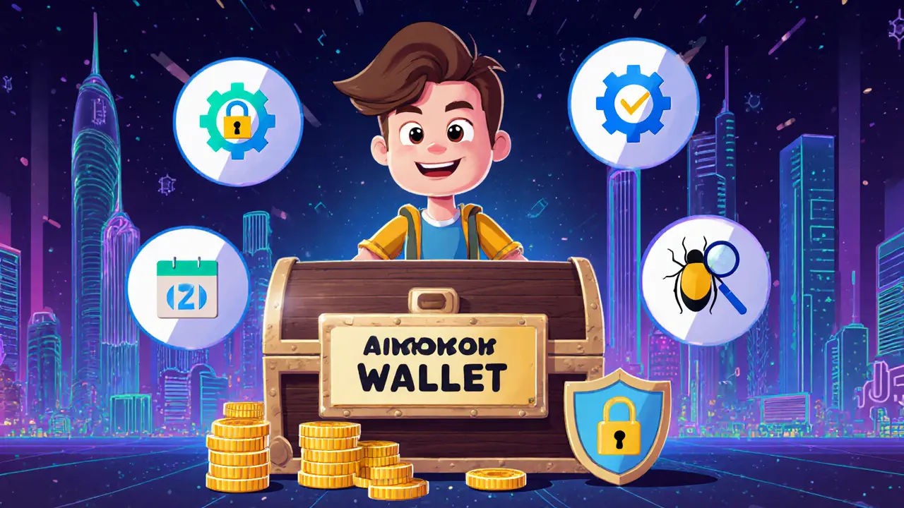 Crypto explorer protects an airdrop wallet chest with hardware wallet shield and icons for staking, liquidity, voting, and testnet.