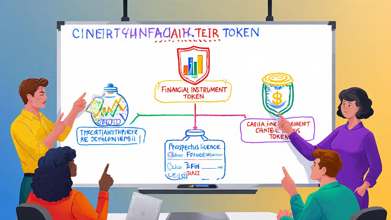 Decision tree shows three token types with corresponding German laws and licences.