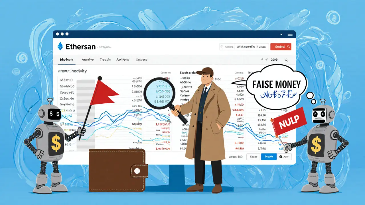 Detective uncovering fake bot activity on a blockchain screen with smart money warning.