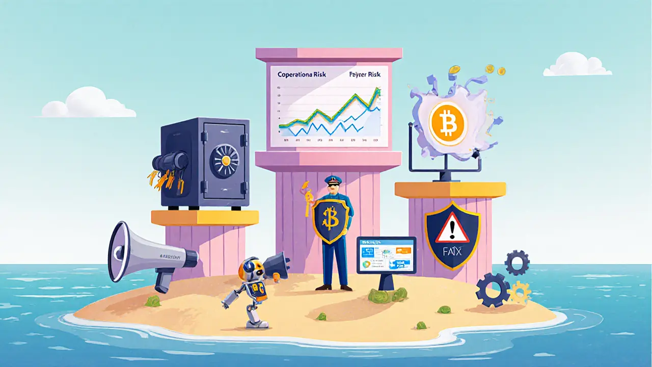 Four cartoon towers personify operational, financial, compliance, and reputational risk with playful icons.