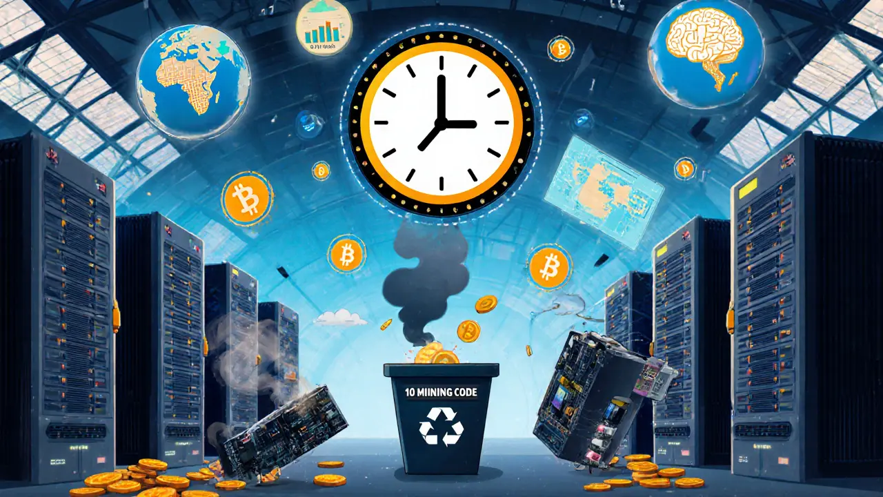 Futuristic mining farm with new ASICs and old machines being recycled under solar power.