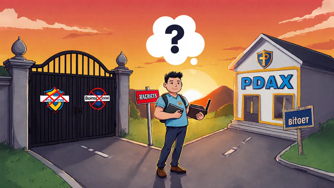 Investor at a forked road choosing a licensed exchange over blocked Binance and Bitget.