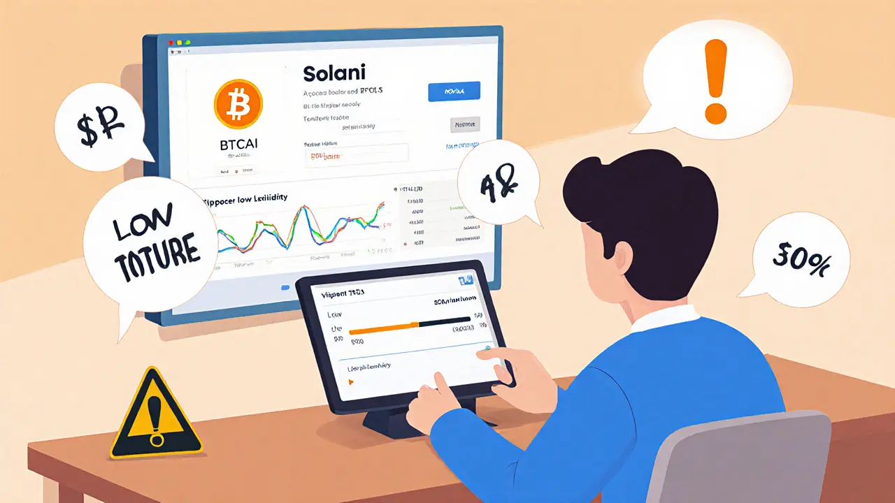 Investor viewing Phantom wallet on a tablet showing BTCAI trade with high slippage.