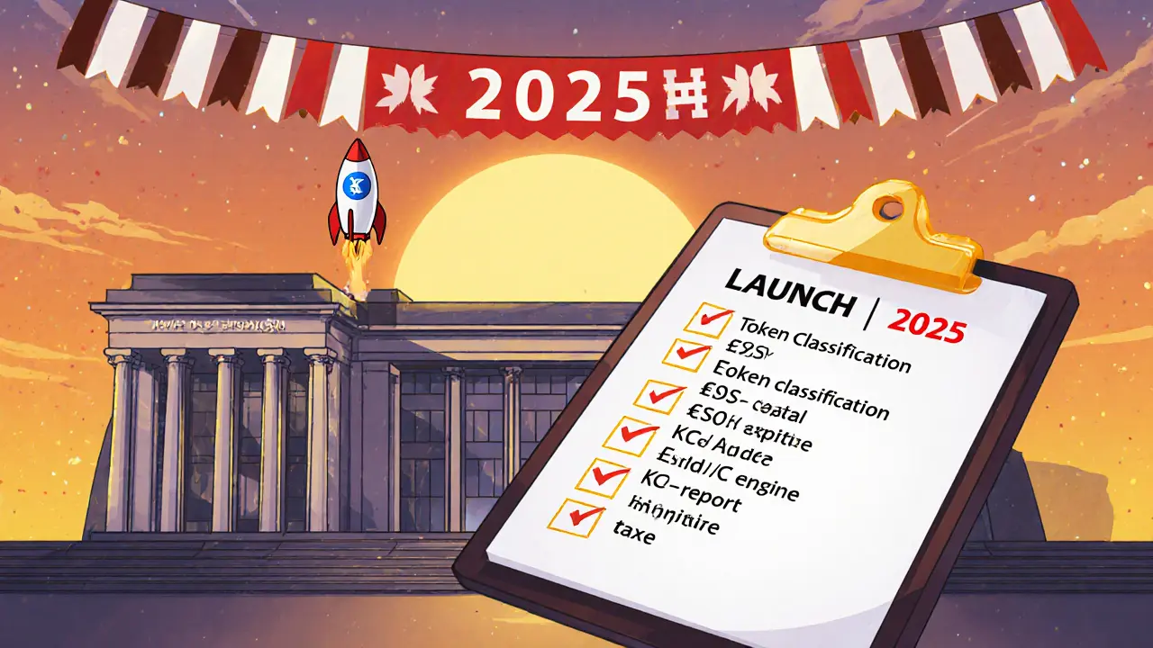 Launch scene with checklist, rocket, and banner celebrating a German crypto exchange debut.