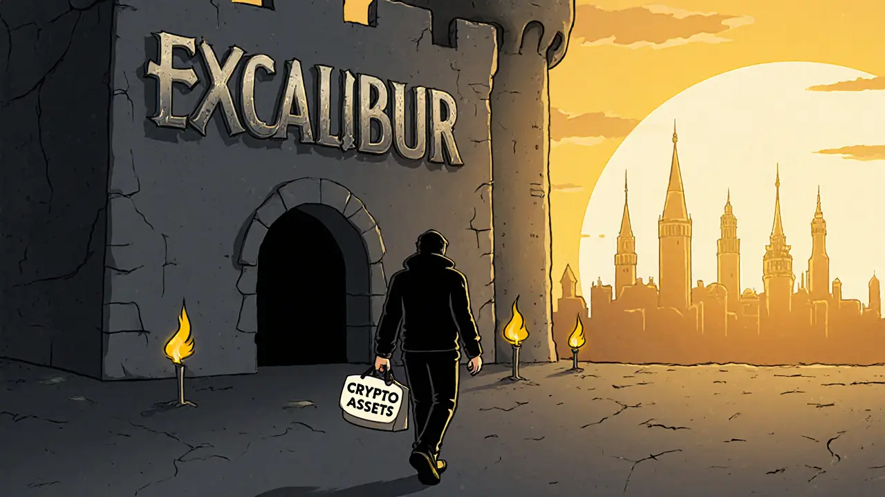 Person walking away from a mysterious Excalibur castle toward bright, trusted exchanges.