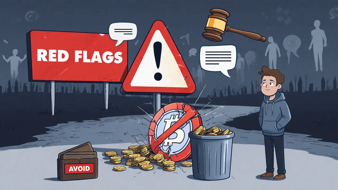 Red alarm sign and SEC gavel warn as a cracked CHINU token is tossed into a trash bin.