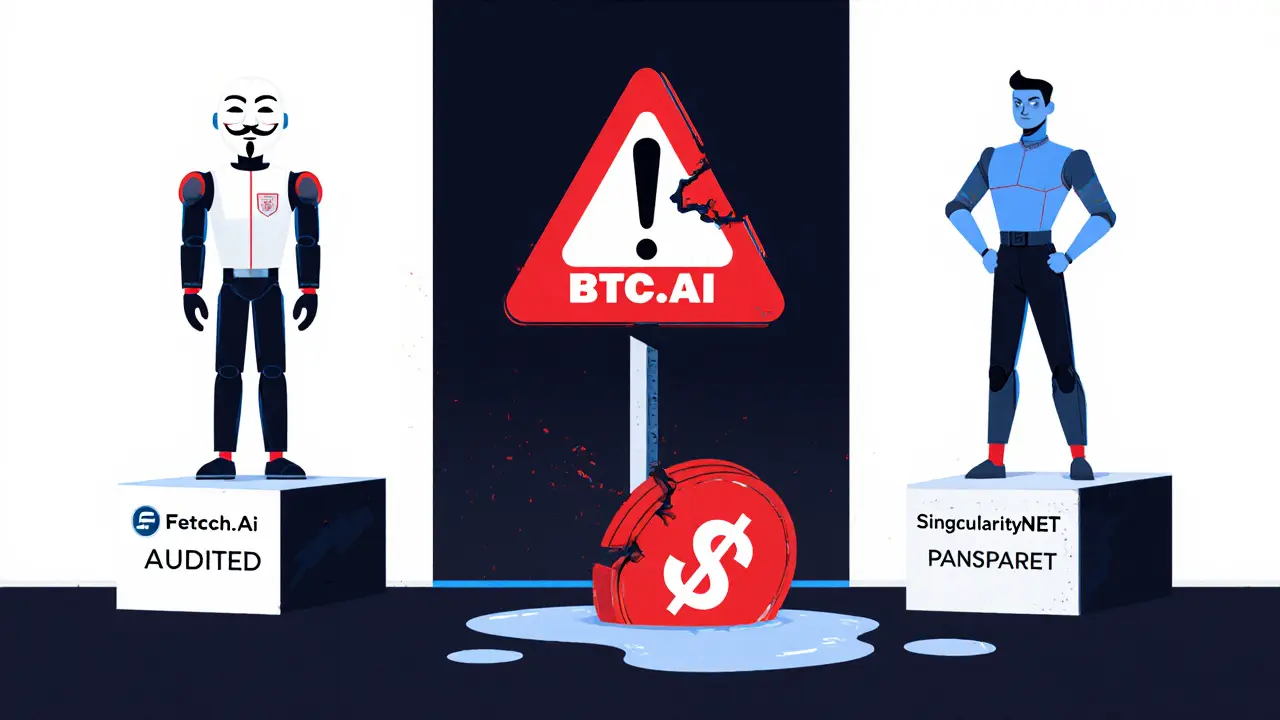 Red‑flag icons surround BTCAI token, contrasted with audited AI‑crypto characters.
