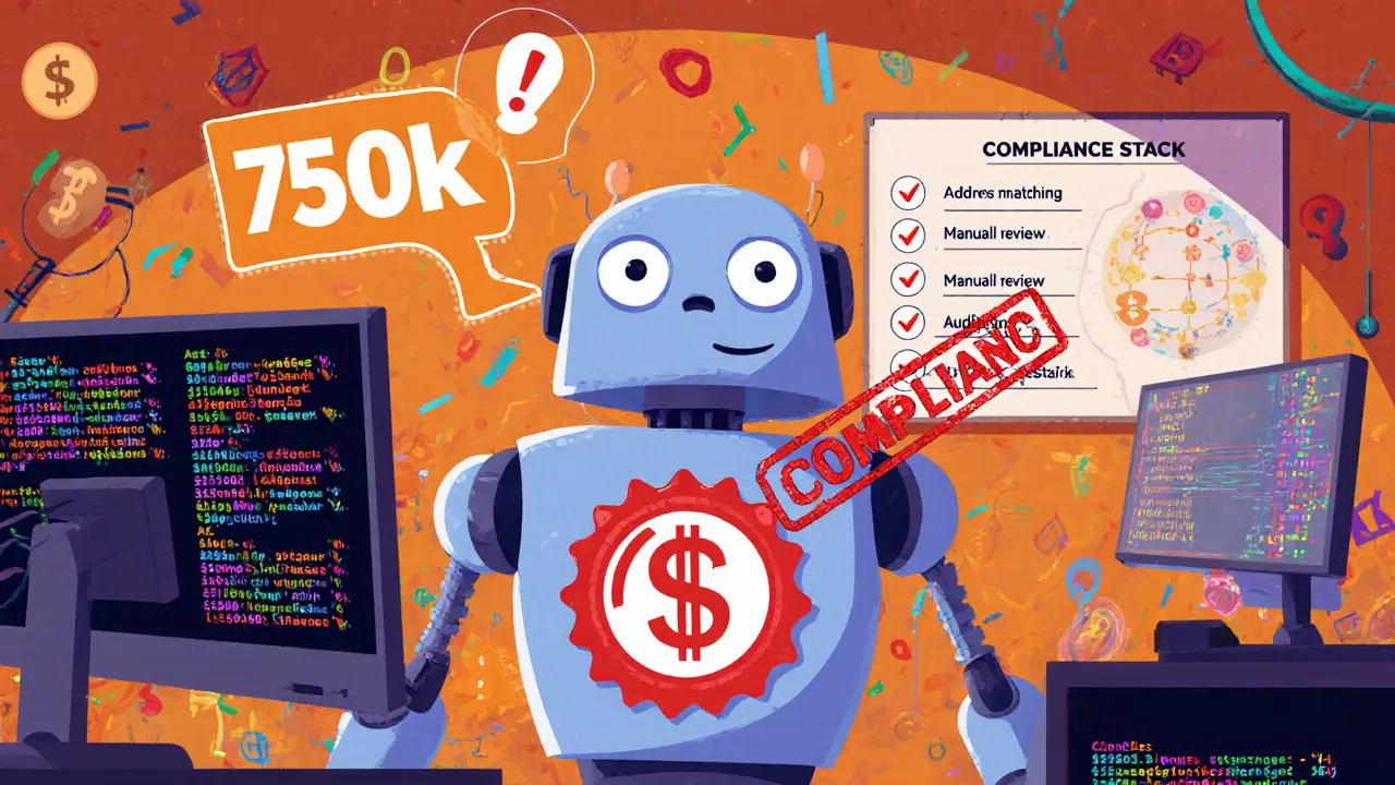 ShapeShift robot receives compliance badge while AI monitors flag transactions.