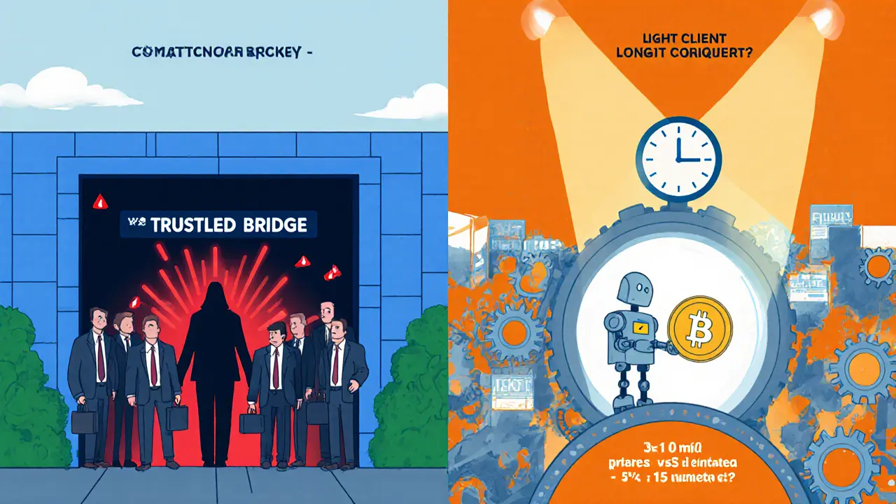 Split cartoon showing trusted validators vs trustless smart‑contract bridge.