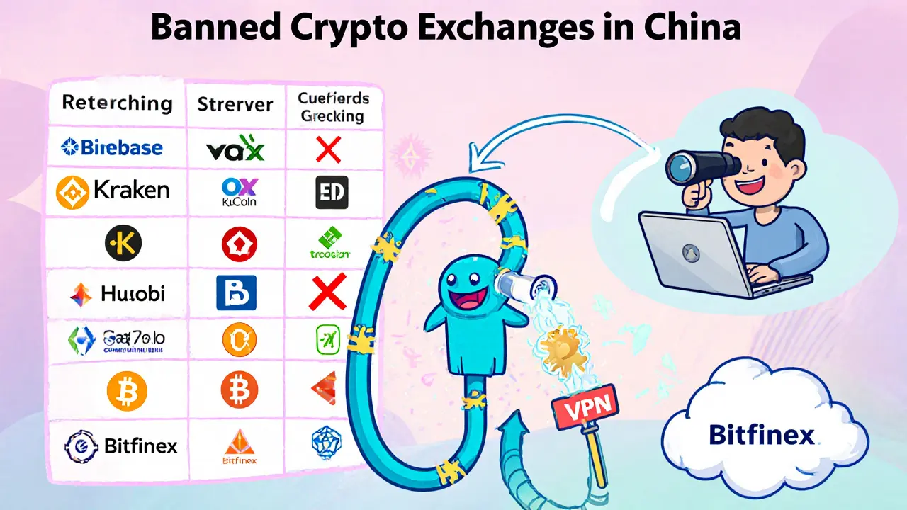 Table of banned exchanges with VPN tunnel connecting laptop to offshore server.