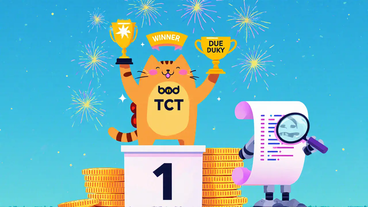 Taco‑cat on a coin podium celebrating a TCT win with fireworks and a contract‑checking robot.
