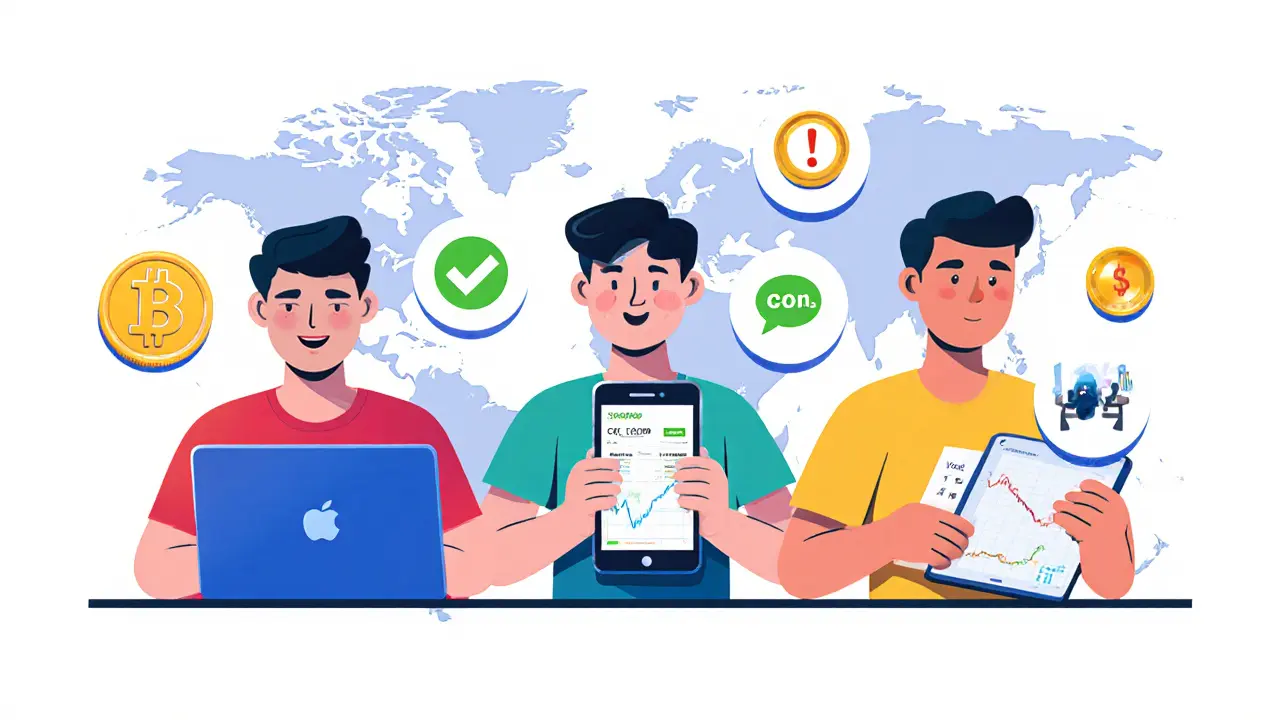 Three users trade on ZG.com using laptop, phone with WeChat, and tablet, with pros and cons icons.