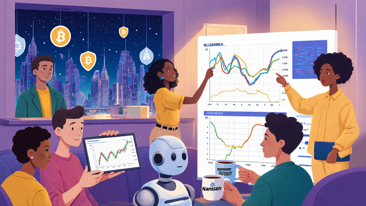 Traders analyzing on-chain data with friendly robot assistant and rising privacy shields.